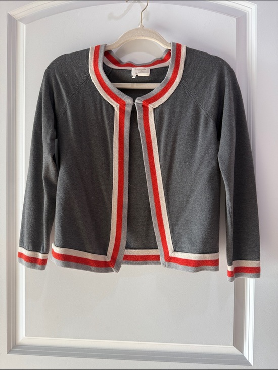 kate spade Sweaters - kate spade Charcoal Gray Open Front Cardigan with Red and Cream Trim